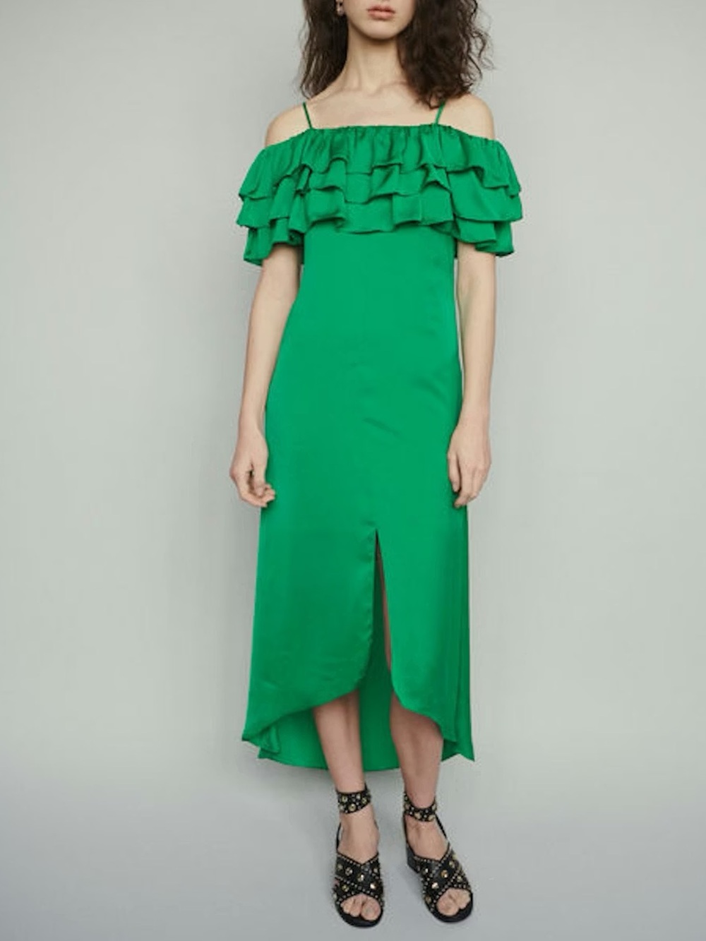Maje Green Satin Ruffled Rovanta Midi Dress size 2